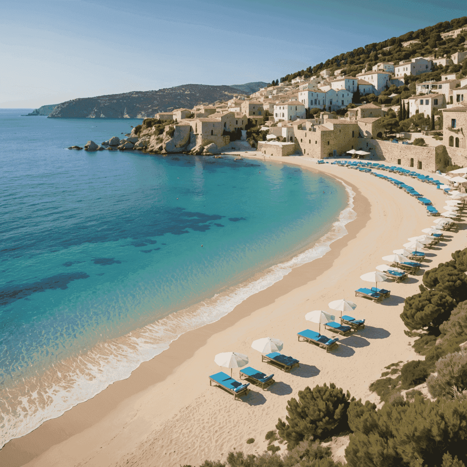 Vista panorámica de una playa mediterránea con aguas cristalinas y arena dorada, con un pequeño pueblo blanco en la distancia