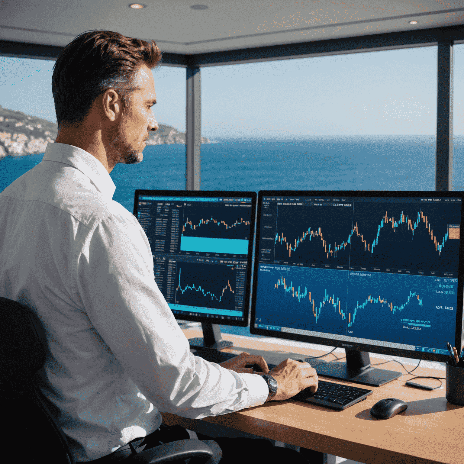 Imagen de un trader utilizando la plataforma TavonixTrader con vistas al Mar Mediterráneo. Se muestra una interfaz limpia y moderna con gráficos de trading y el mar azul de fondo.