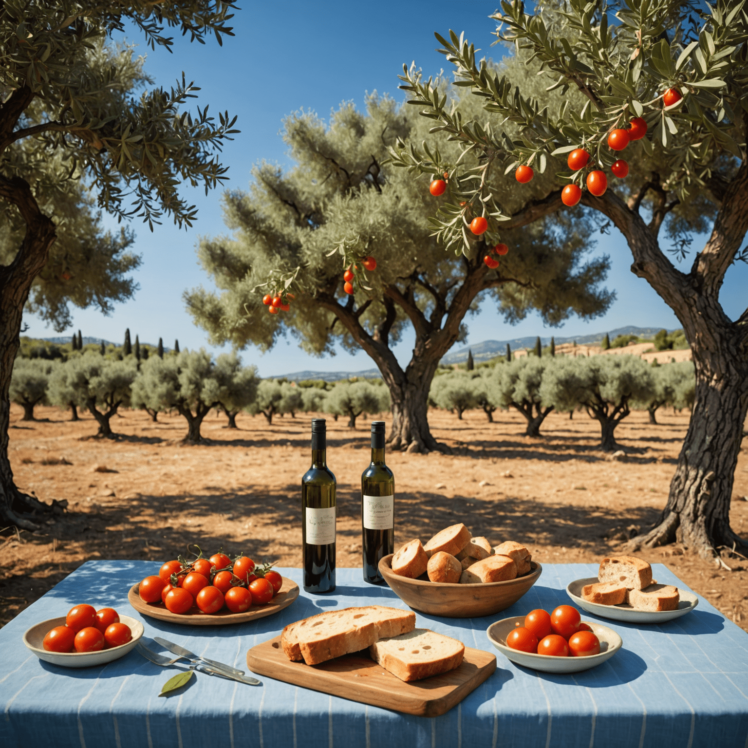 Un olivar tradicional con árboles centenarios bajo un cielo azul mediterráneo. En primer plano, una mesa rústica con una botella de aceite de oliva virgen extra, pan recién horneado y tomates maduros.