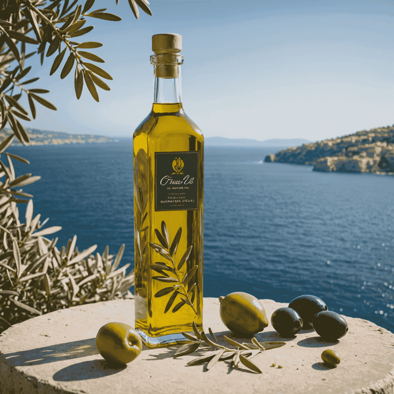 Botella de aceite de oliva premium rodeada de aceitunas frescas y hierbas aromáticas mediterráneas, con el mar Mediterráneo de fondo