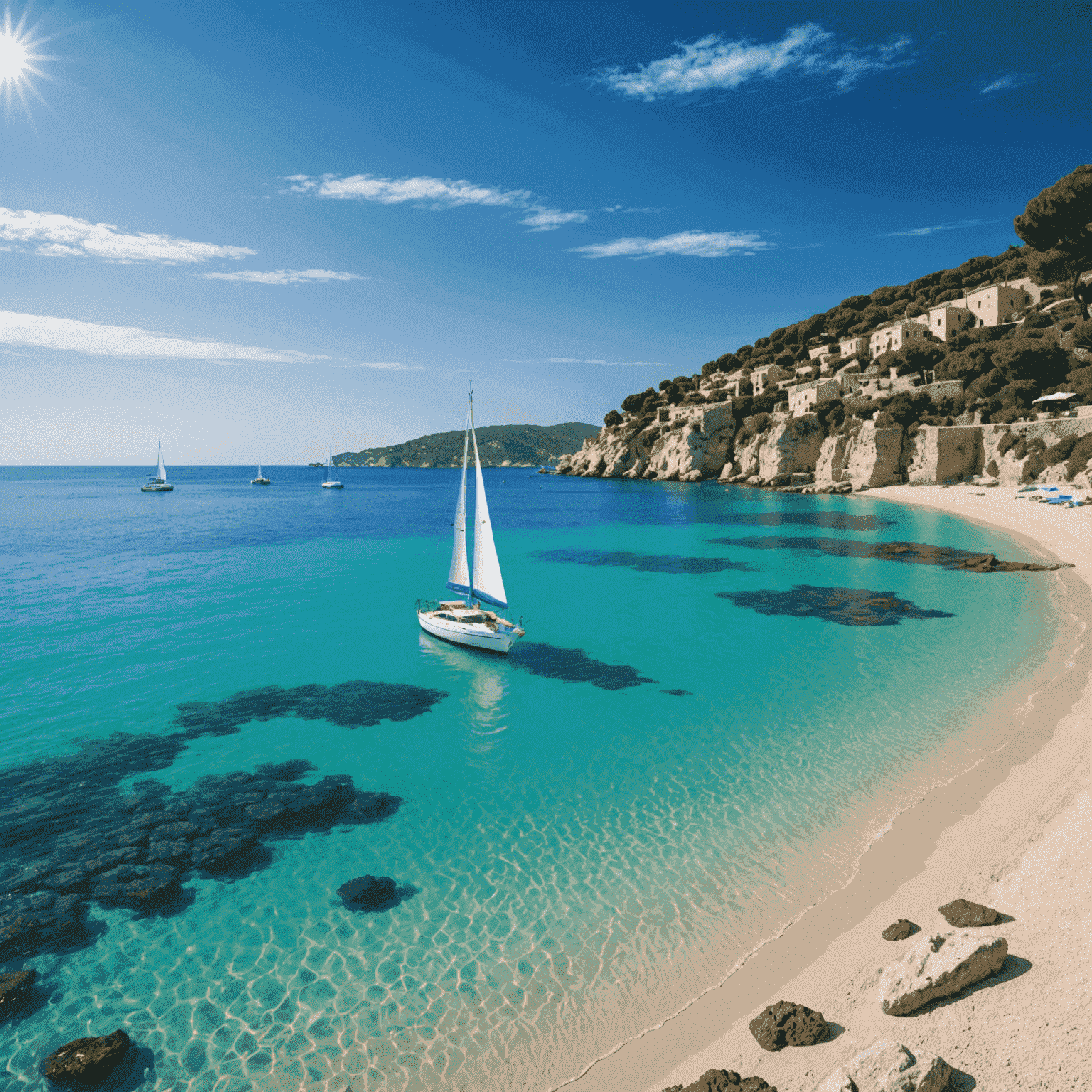 Vista panorámica de una playa mediterránea con aguas cristalinas y un velero en el horizonte, simbolizando la claridad y las oportunidades en los servicios financieros