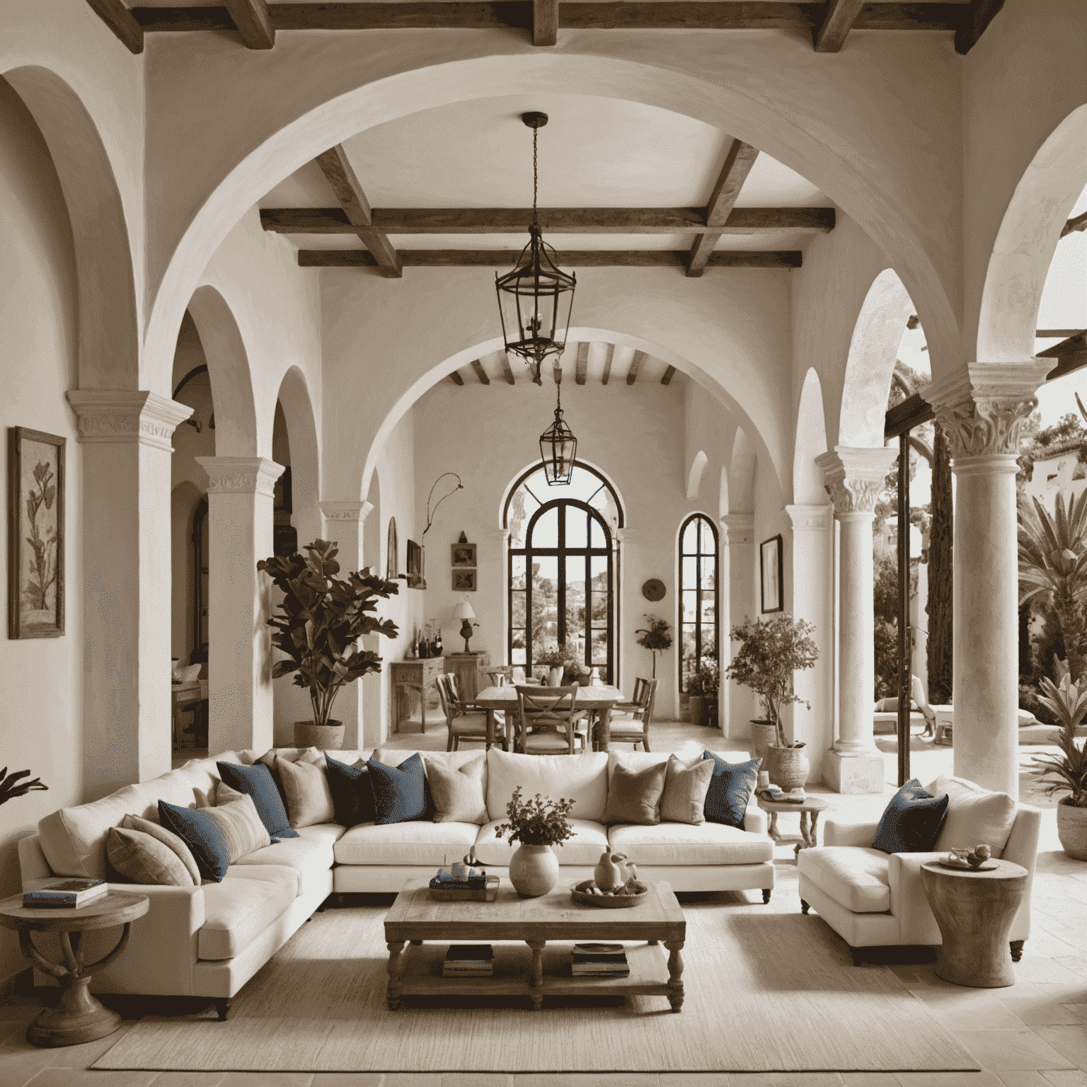 Sala de estar con estilo mediterráneo, paredes blancas, arcos, y muebles de madera clara