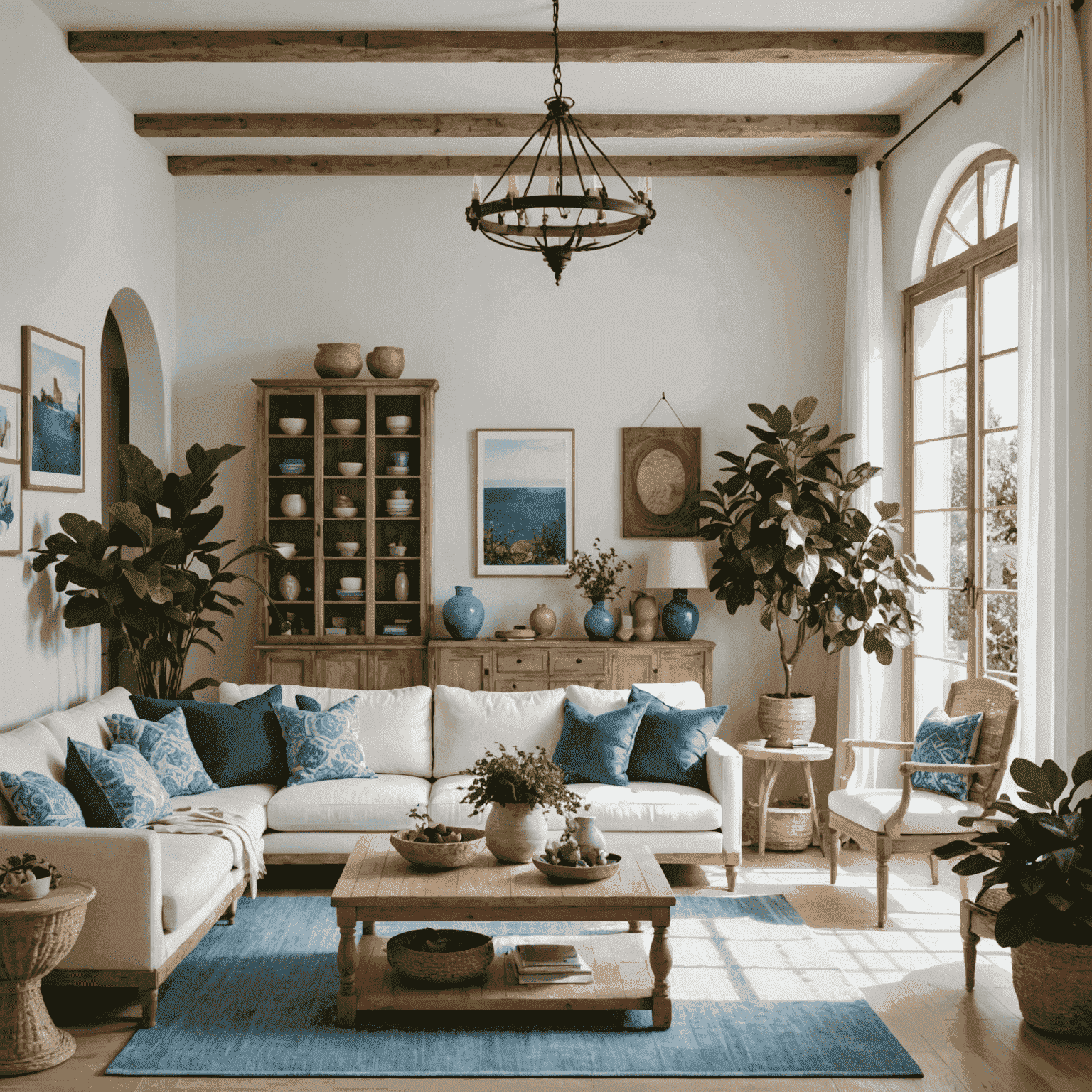 Sala de estar decorada en estilo mediterráneo con paredes blancas, muebles de madera clara, textiles azules y plantas verdes