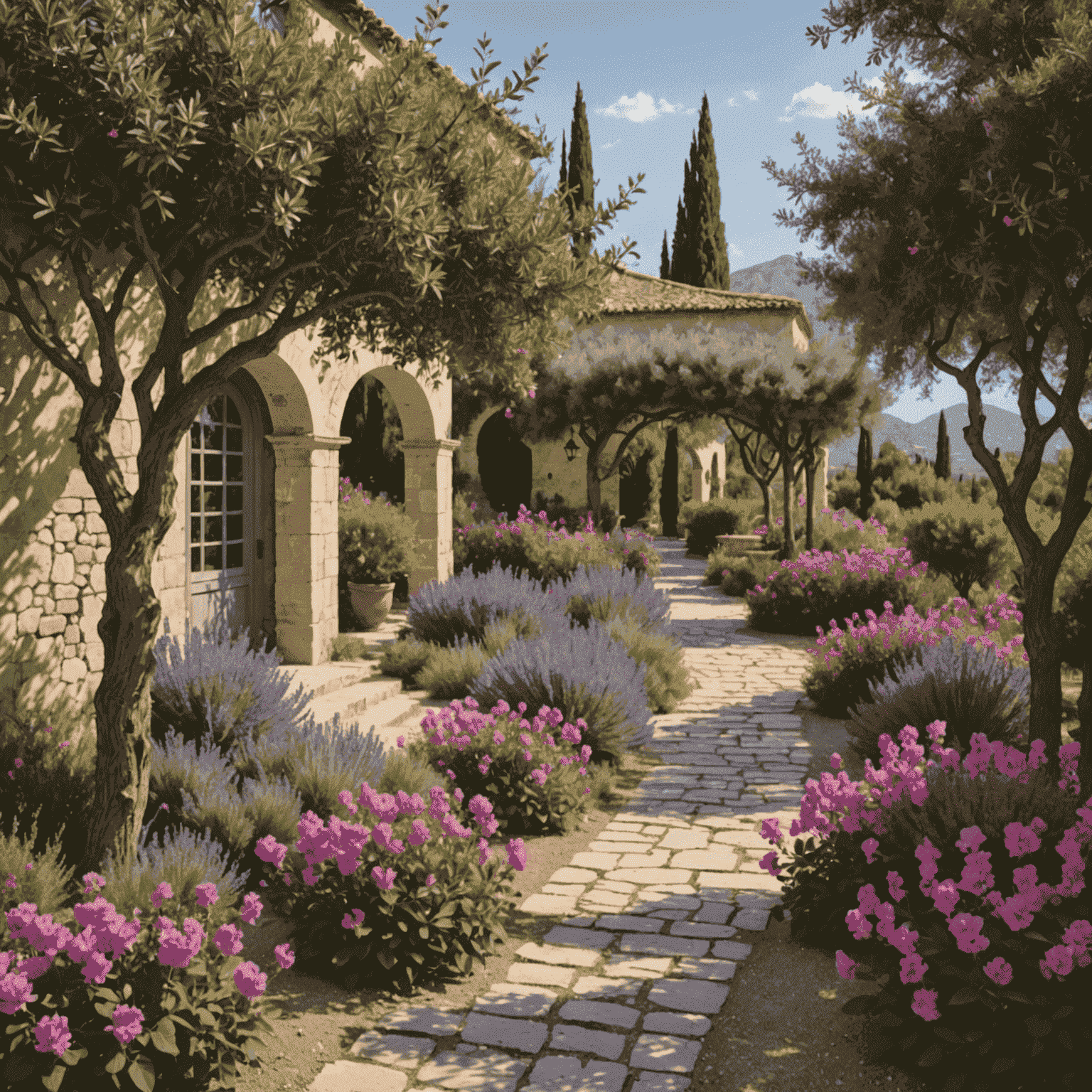 Jardín mediterráneo con olivos, lavanda y un camino de piedra que conduce a una pérgola cubierta de buganvillas