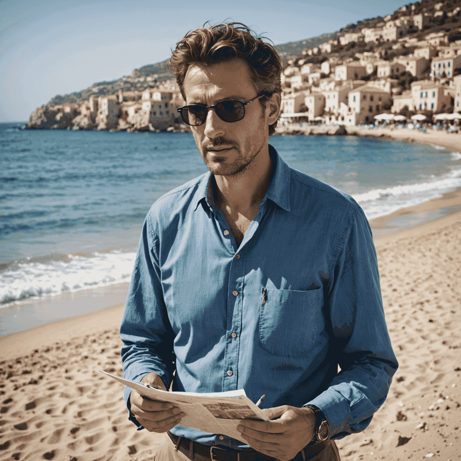Imagen de noticias de última hora mostrando un periodista reportando desde una playa mediterránea