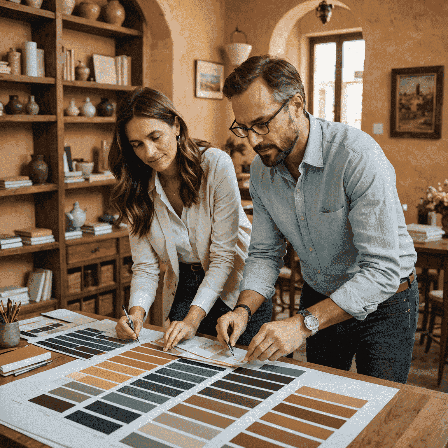 Imagen de una diseñadora de interiores consultando con un cliente sobre un proyecto de estilo mediterráneo, mostrando muestras de colores y materiales típicos de la región