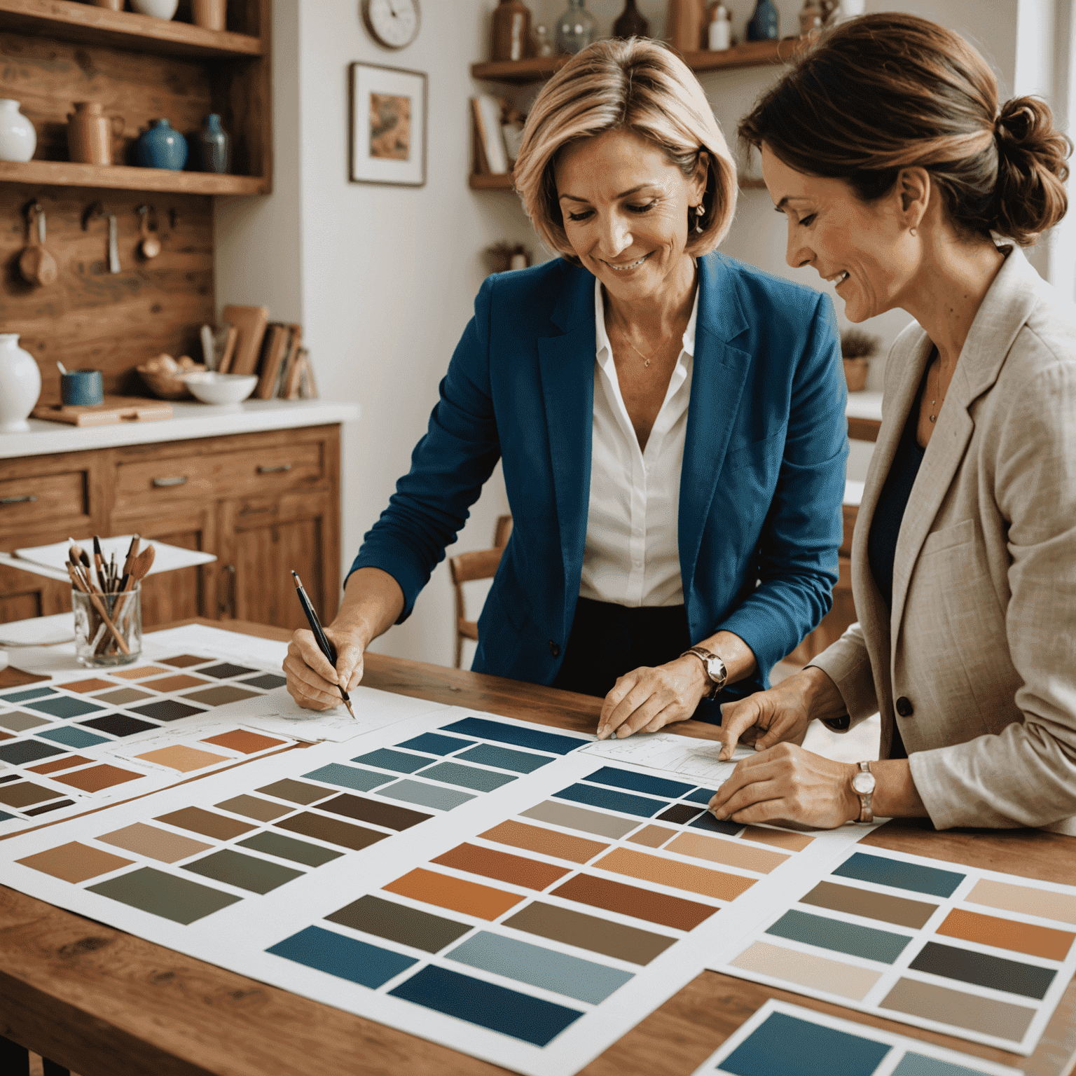 Diseñador de interiores consultando con un cliente, mostrando muestras de colores y materiales mediterráneos