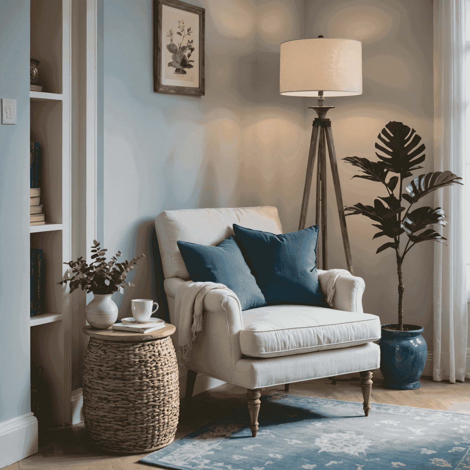 Rincón de lectura con sillón blanco, cojines azules y una lámpara de pie de estilo mediterráneo