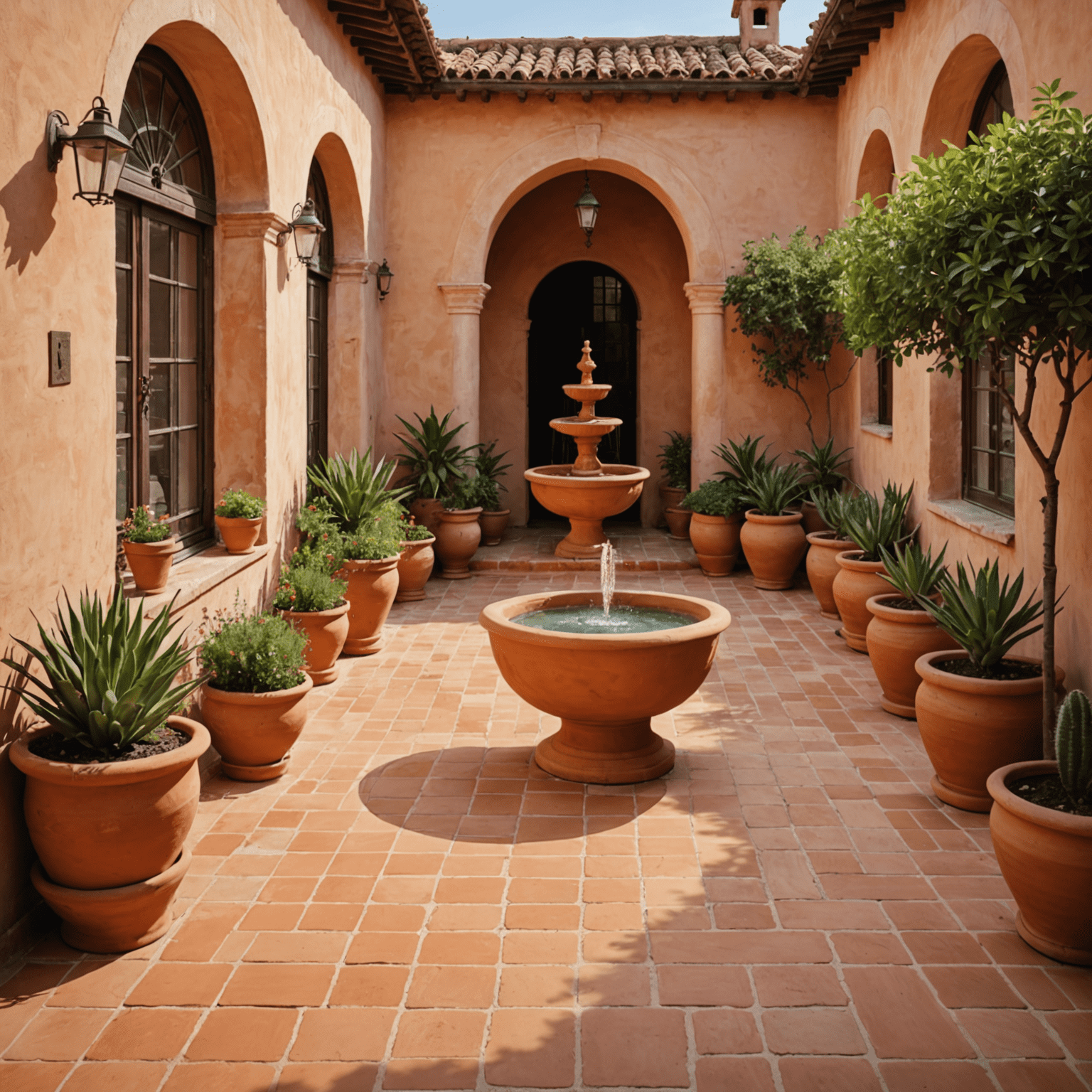 Terraza con suelo de terracota, macetas de barro y una fuente de agua central