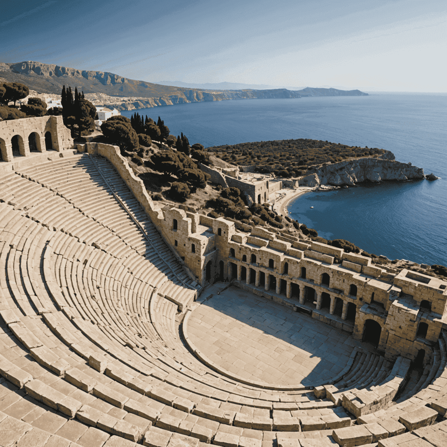 Imagen de un antiguo anfiteatro griego con el mar Mediterráneo de fondo