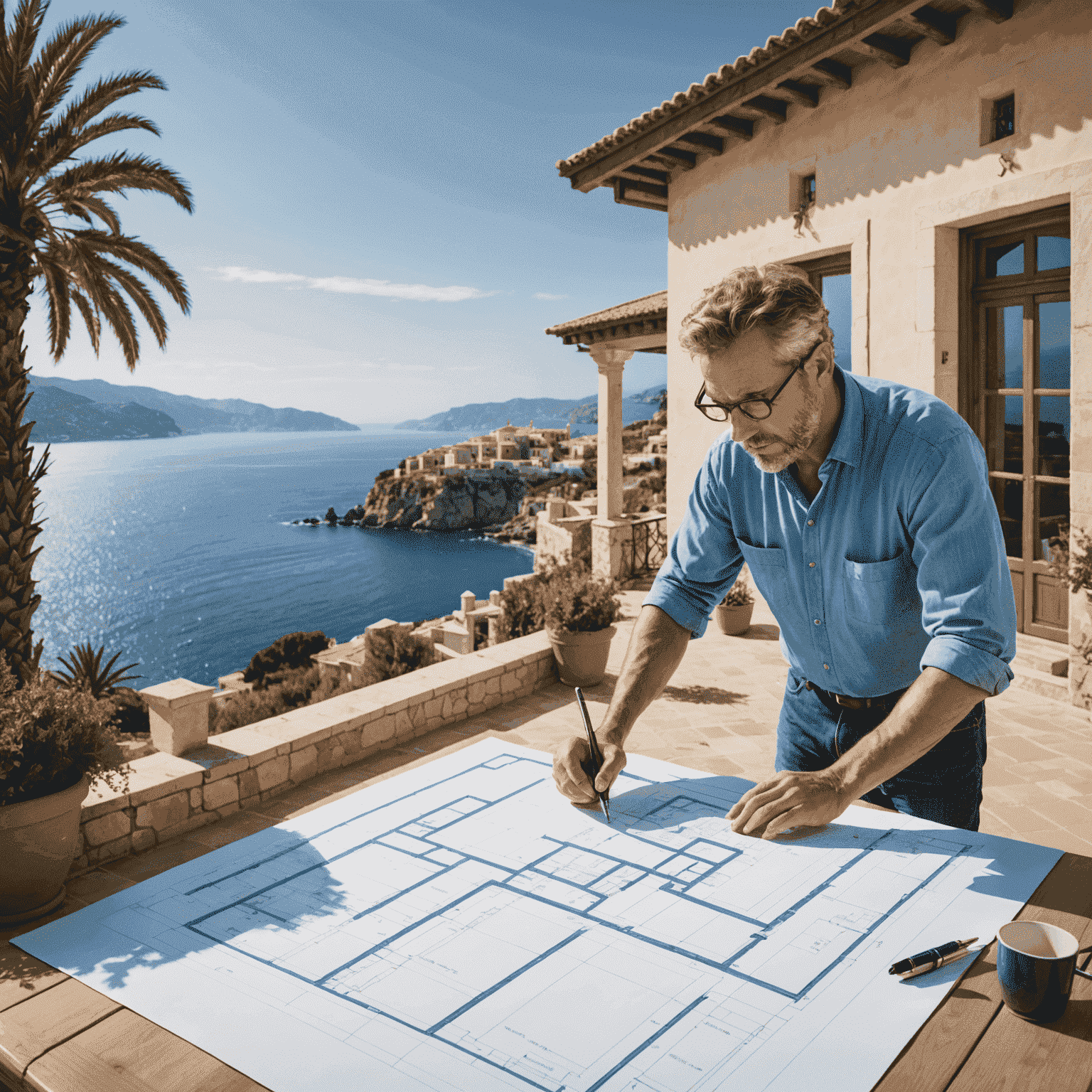 Imagen de un arquitecto trabajando en un plano de una casa de estilo mediterráneo, con vistas al mar y amplias terrazas