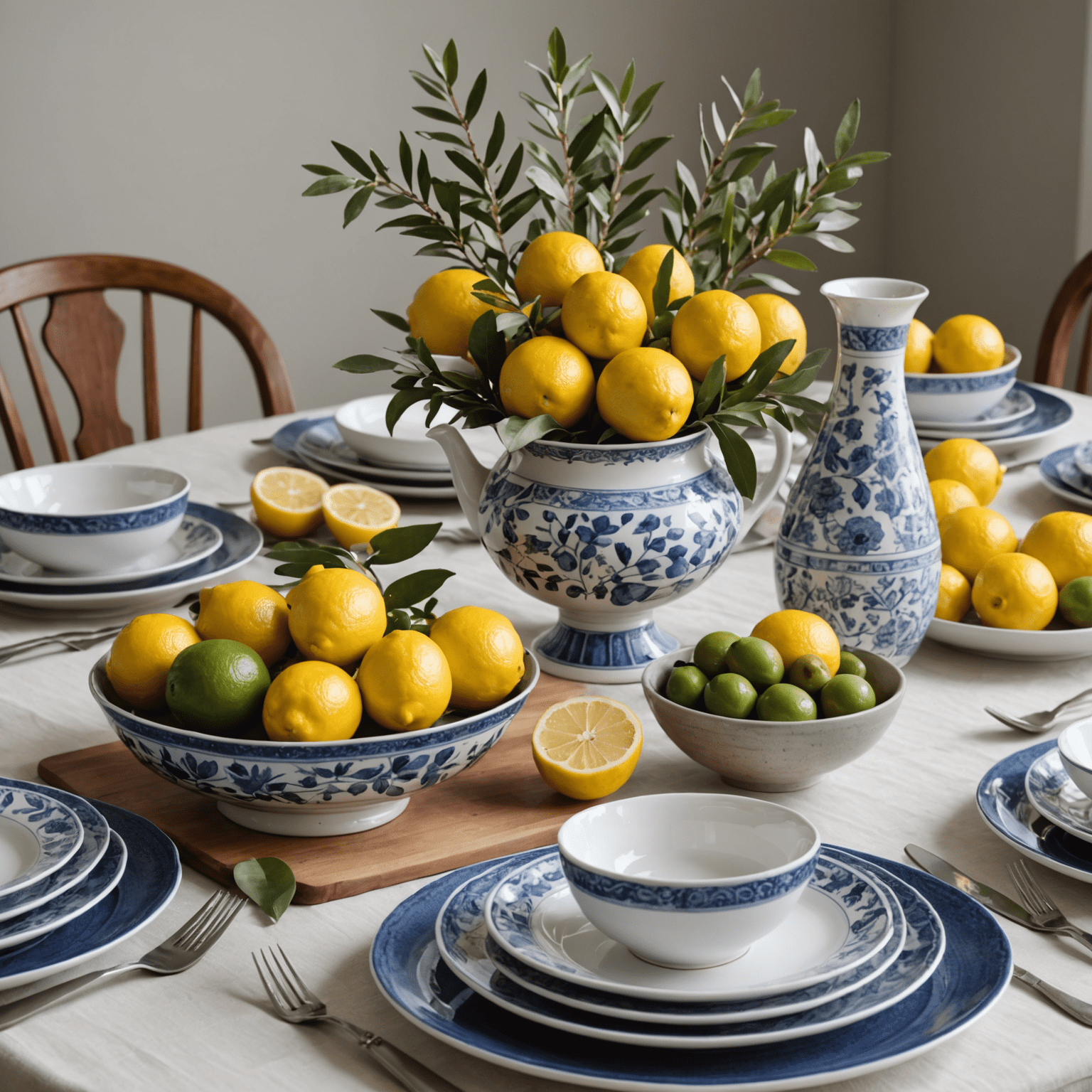 Mesa de comedor con vajilla de cerámica azul y blanca, centro de mesa con limones frescos y ramas de olivo