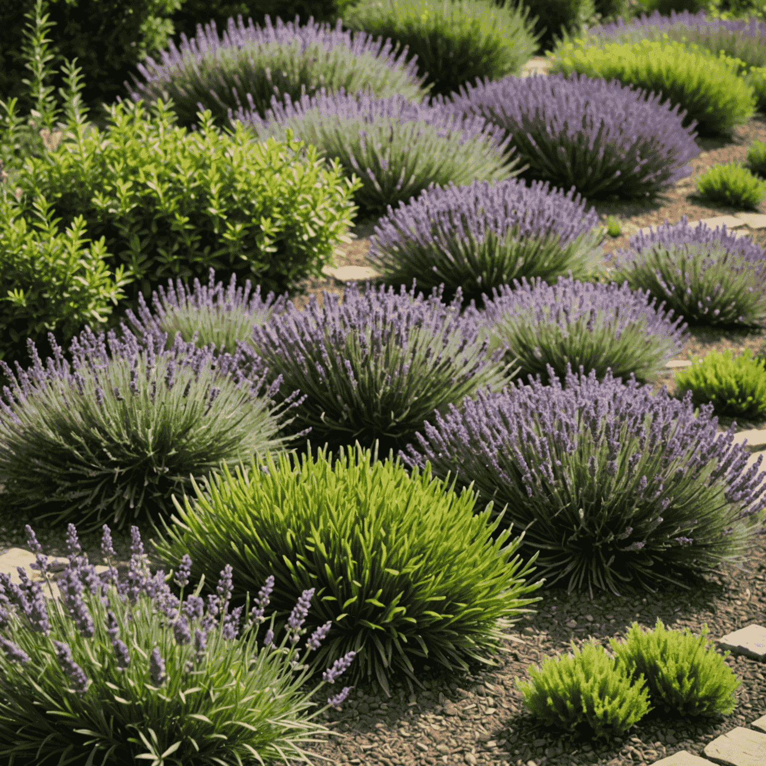 Jardín de hierbas aromáticas con romero, tomillo y lavanda en plena floración