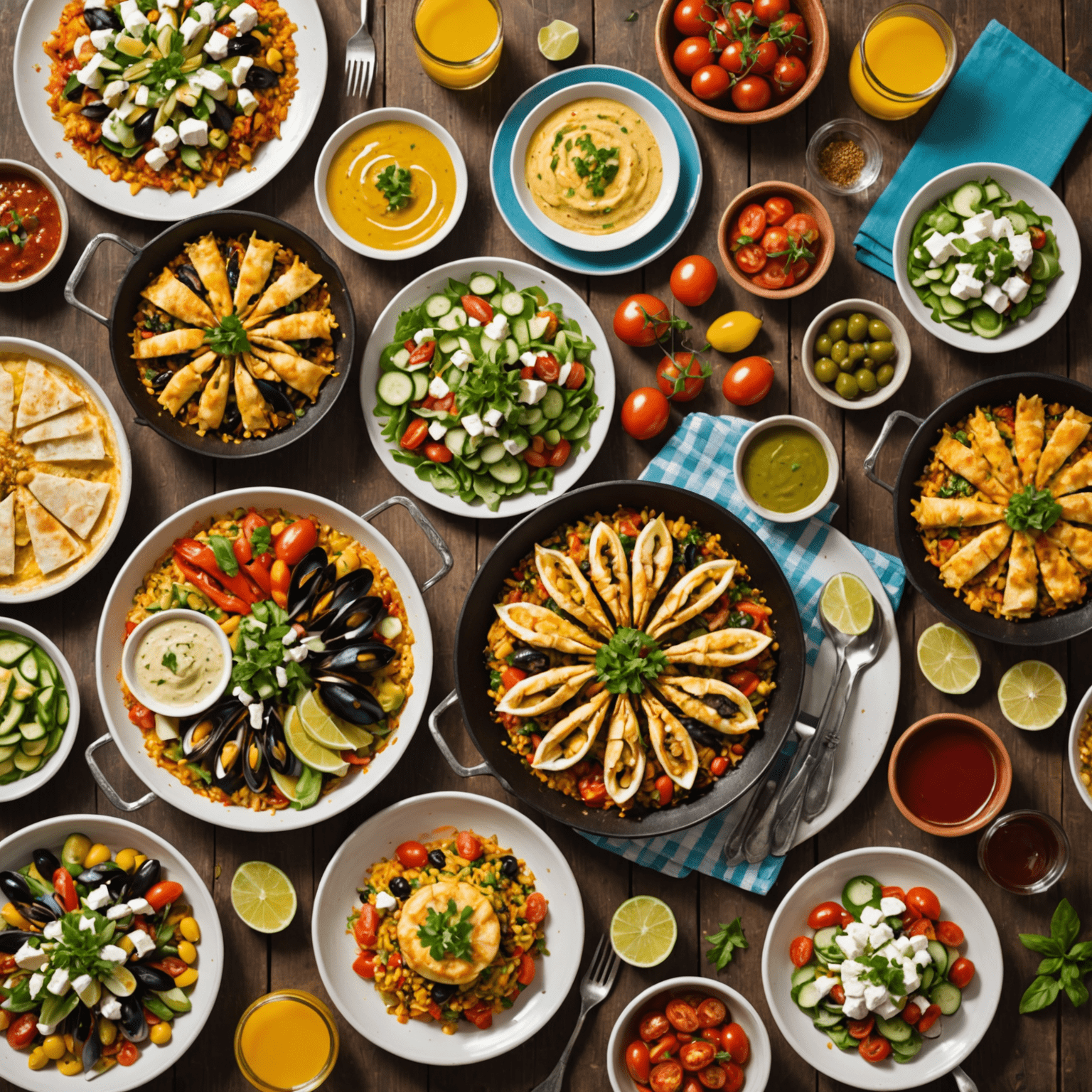 Imagen de una mesa mediterránea llena de platos típicos como paella, hummus y ensalada griega