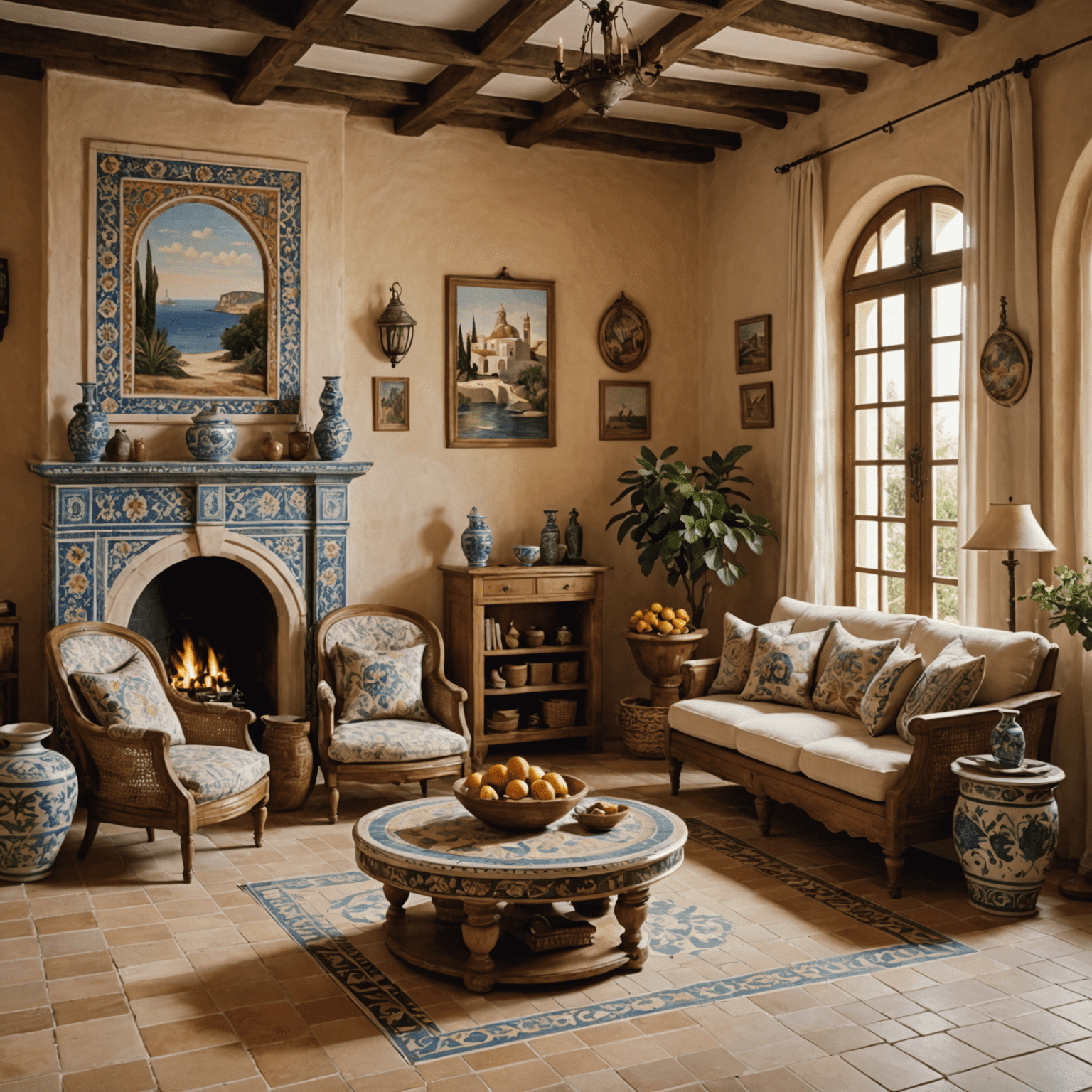 Imagen de una sala de estar decorada en estilo mediterráneo, con elementos como ánforas, azulejos pintados a mano y textiles con patrones típicos de la región