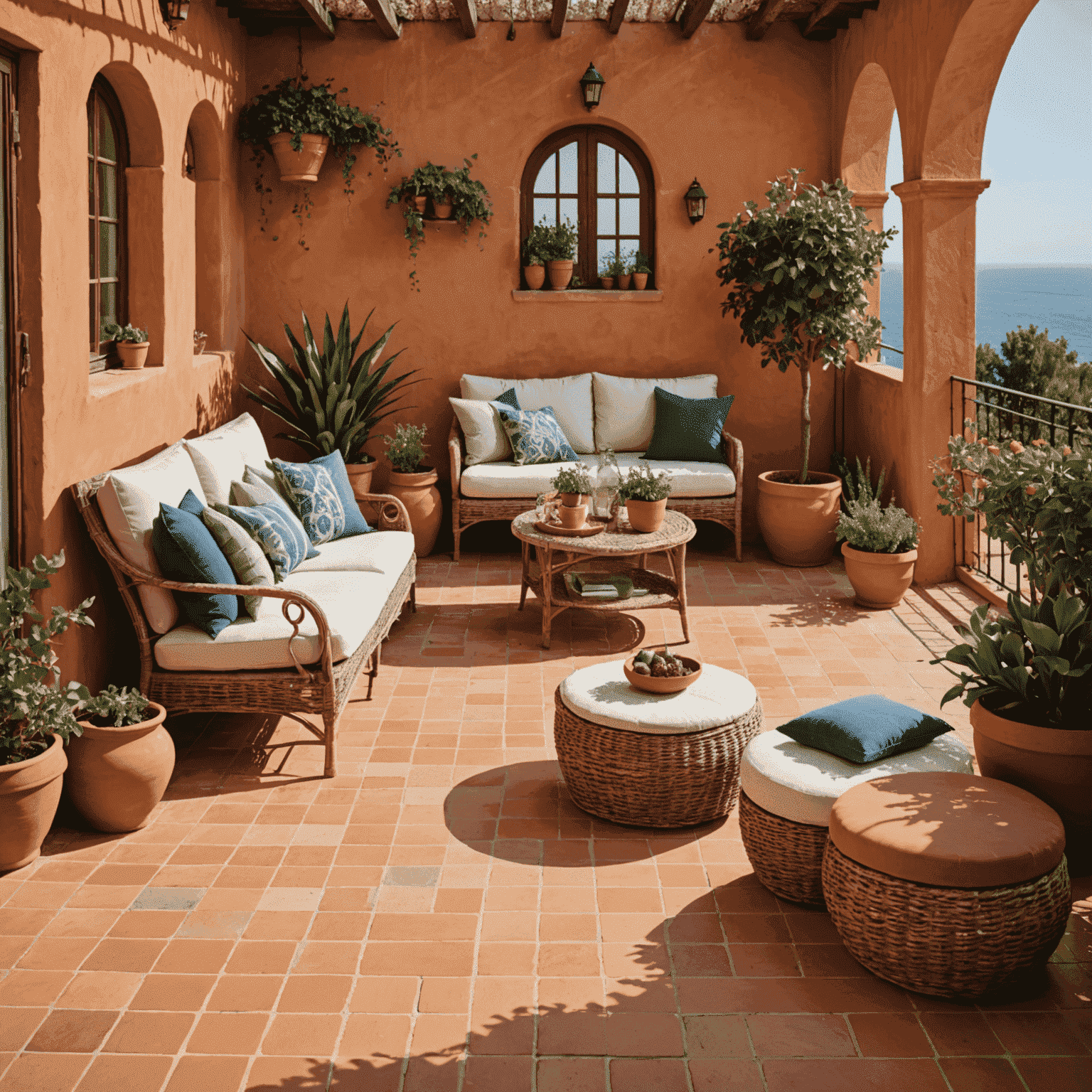Terraza con suelo de terracota, muebles de mimbre, cojines de colores tierra y mar, y macetas con plantas mediterráneas