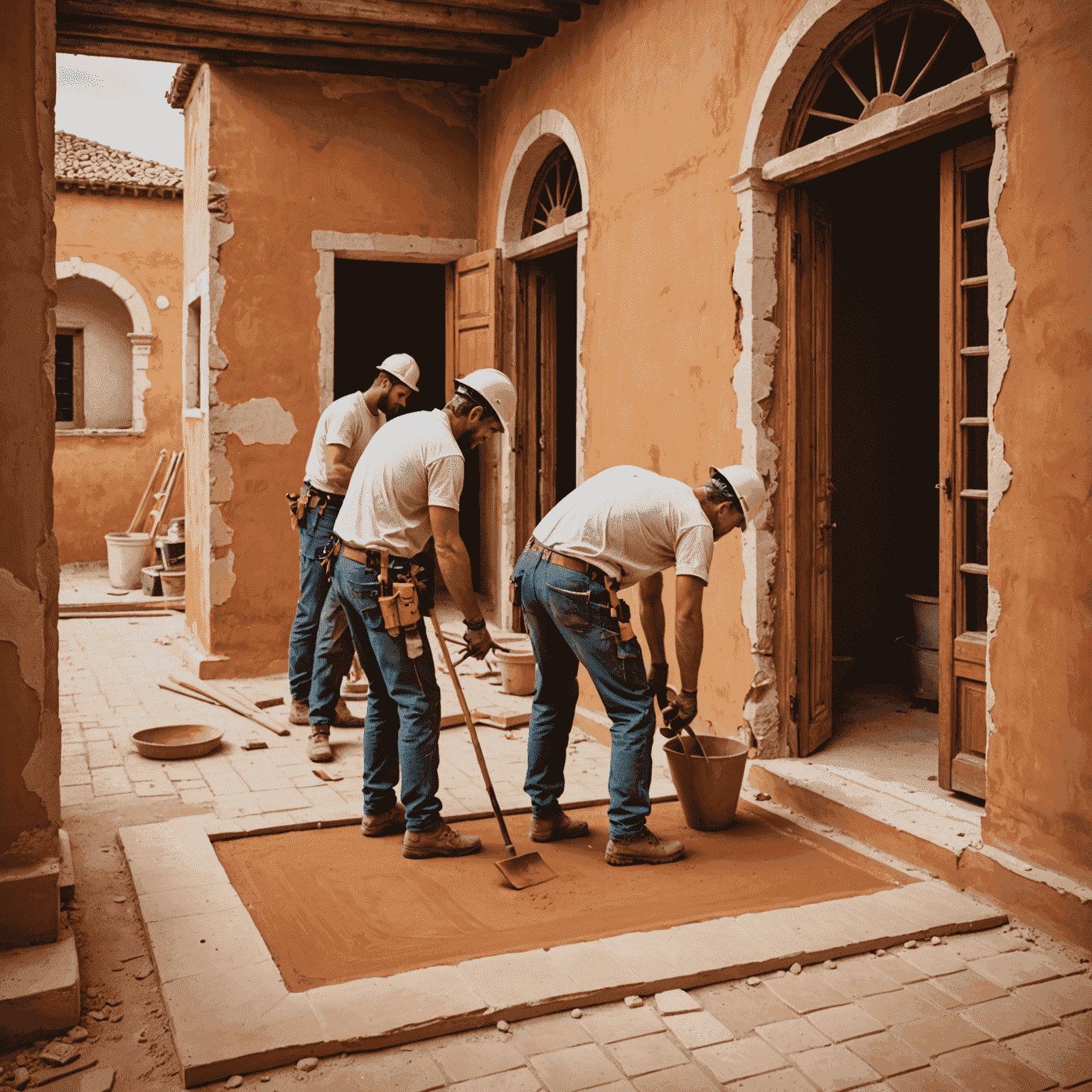 Imagen de un equipo de construcción trabajando en la renovación de una villa mediterránea, aplicando técnicas tradicionales como el estuco veneciano y colocando suelos de terracota