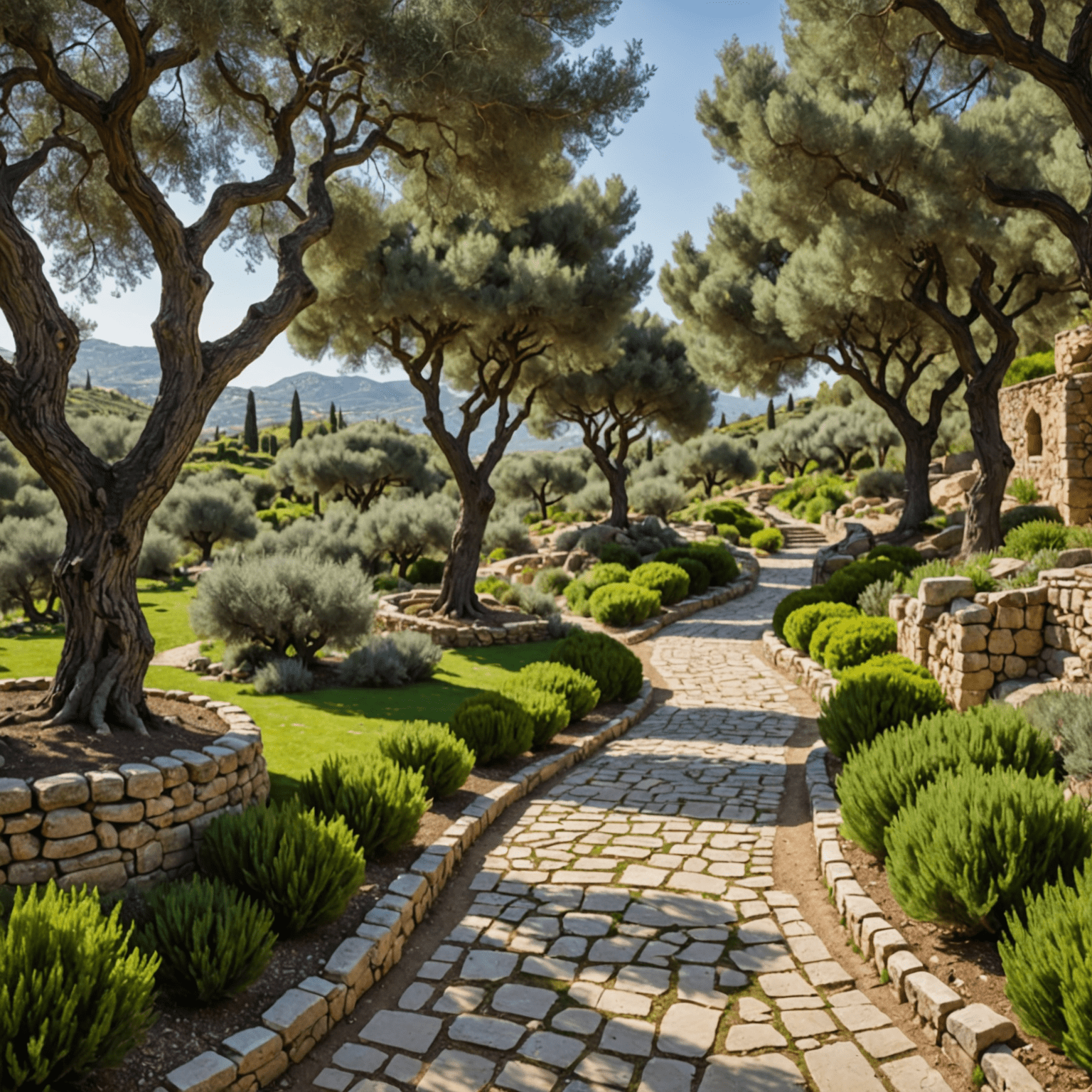 Jardín en terrazas con olivos centenarios y un camino de piedra serpenteante