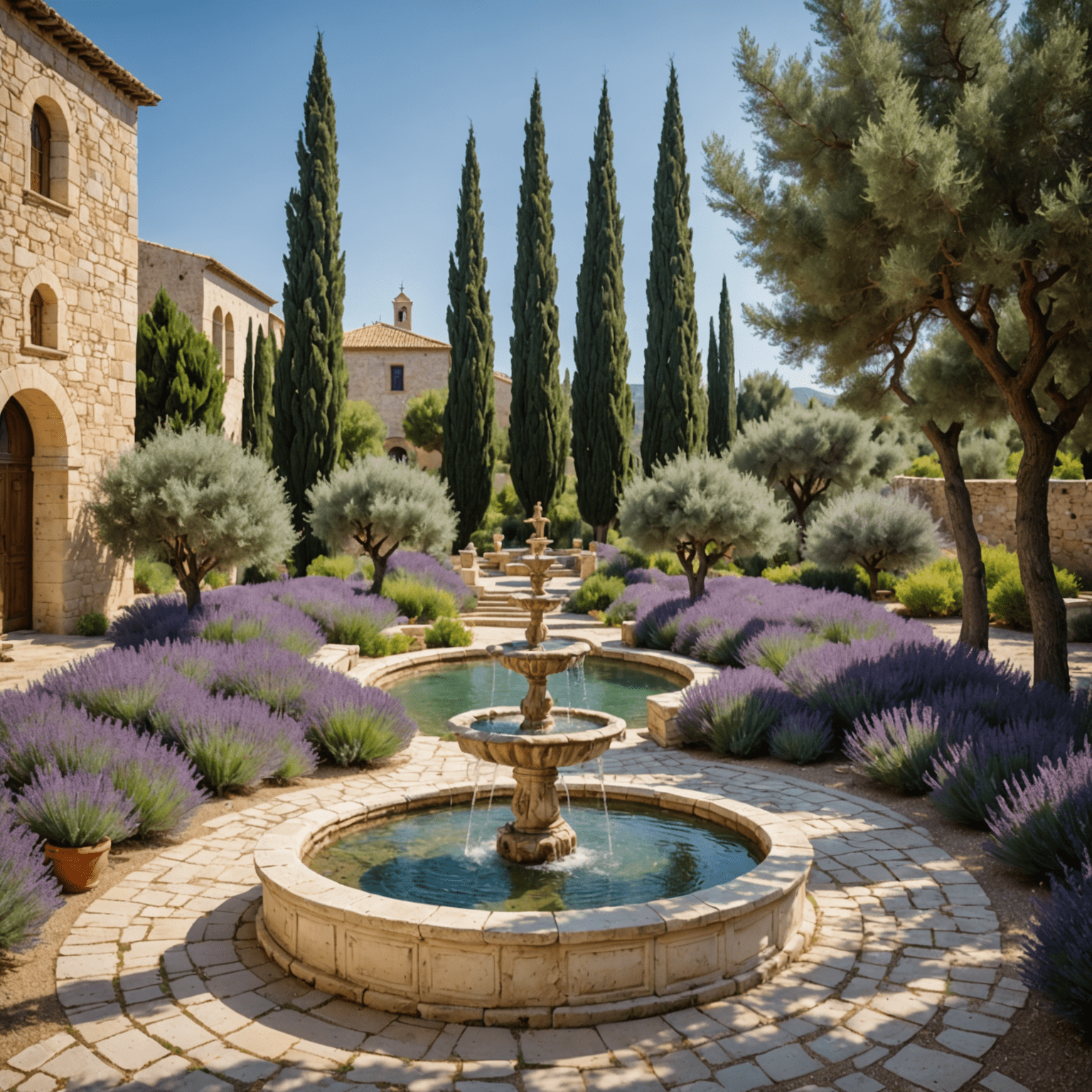 Imagen de un hermoso jardín mediterráneo con olivos, cipreses, lavanda y una fuente de piedra central, rodeado de paredes encaladas