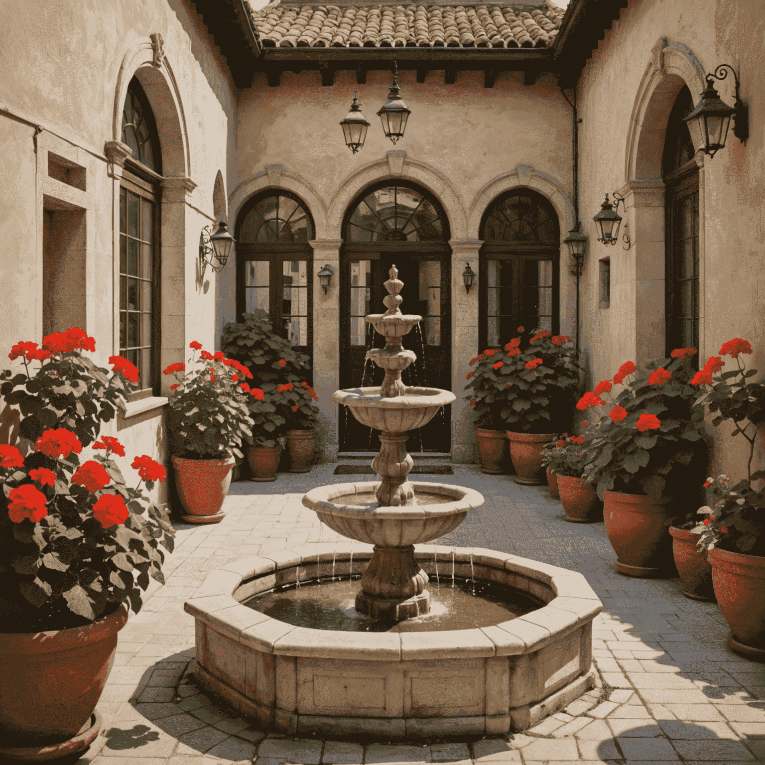 Patio interior con una fuente de azulejos y macetas de geranios rojos