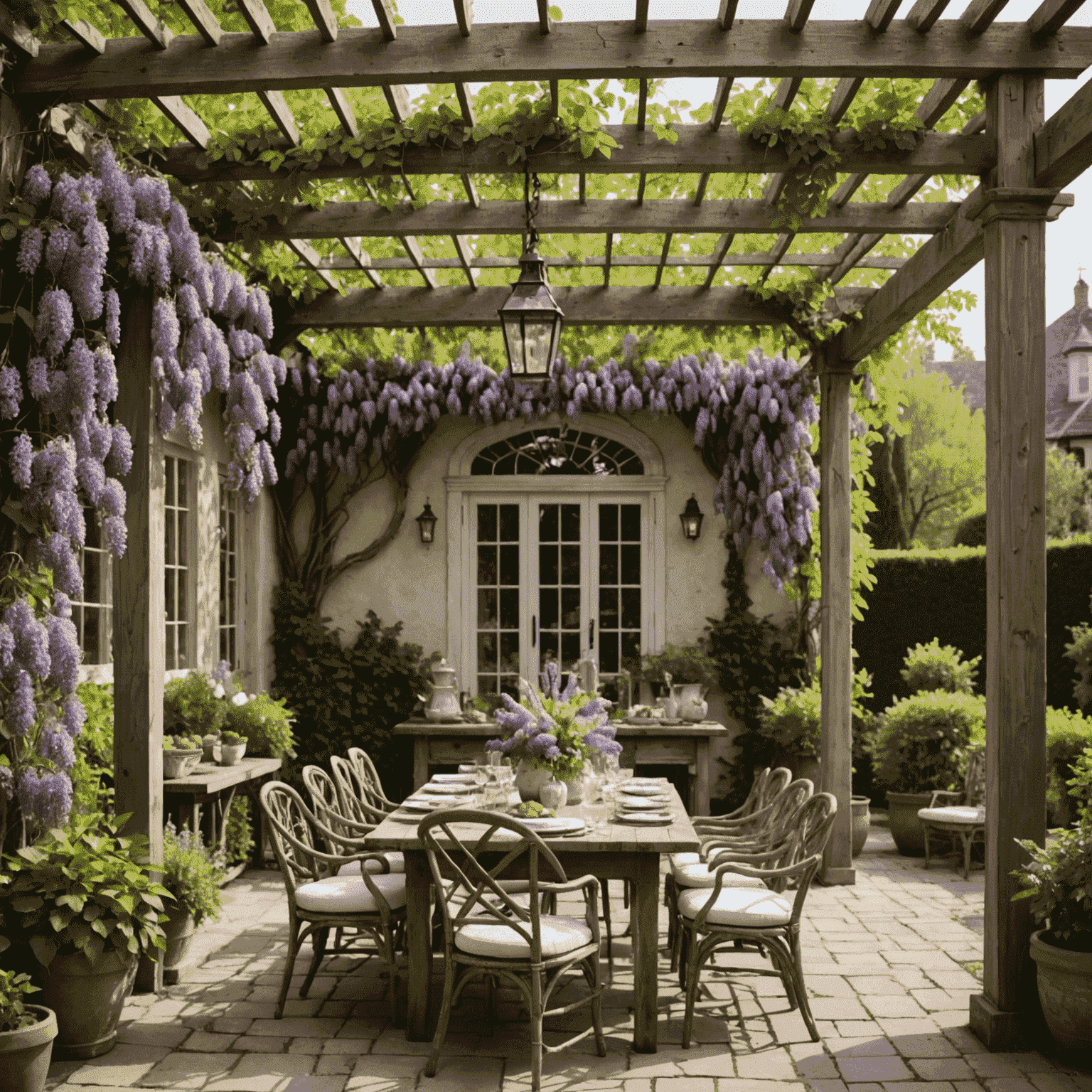 Pérgola cubierta de glicinas con una mesa de comedor rústica y sillas
